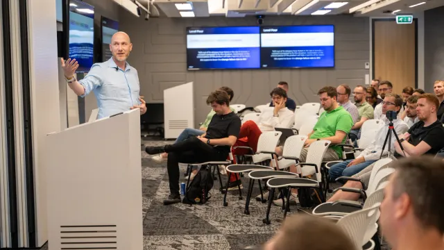 Marian Kamenistak speaking at an engineering leadership event.