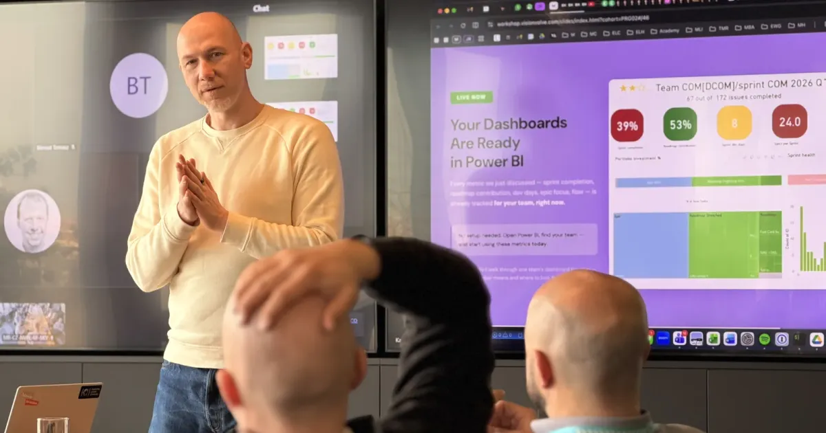 Marian Kamenistak leading a two-day engineering leadership workshop for a small group of managers, presenting at a screen.