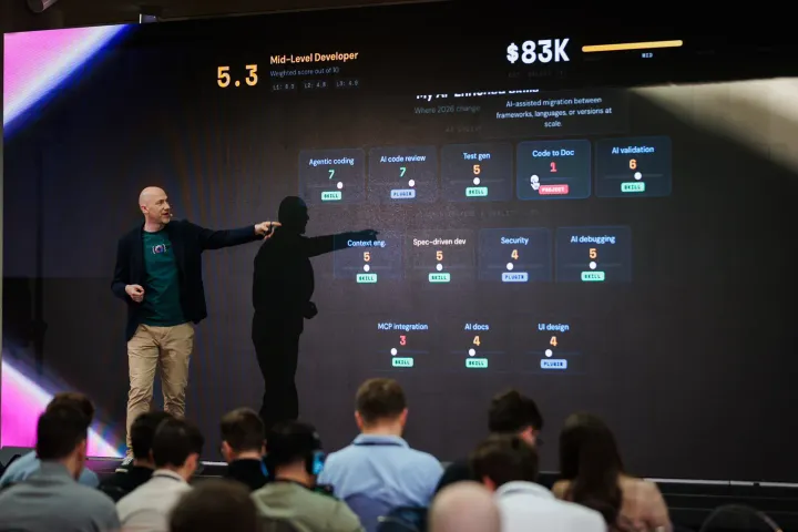 Marian Kamenistak pointing at a slide scoring AI-assisted engineering skills — agentic coding, AI code review, MCP integration — against a mid-level developer salary.