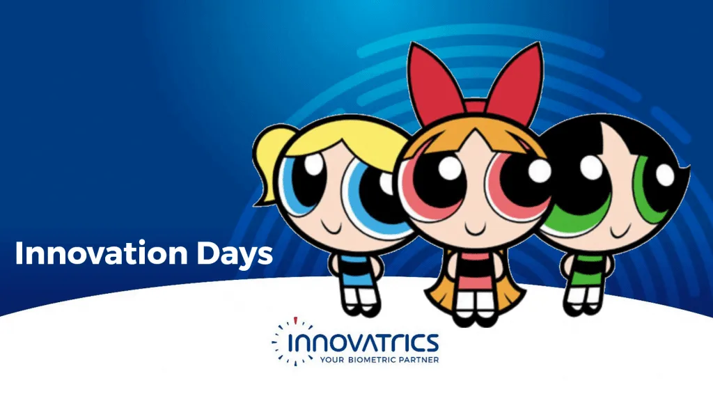 Innovatrics Innovation Days banner with the three Powerpuff Girls on a blue background