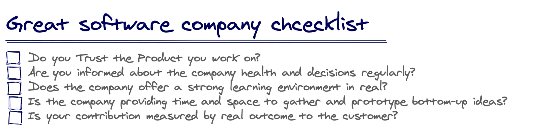 Ručně psaný Great software company checklist s pěti otázkami na důvěru, transparentnost a učení