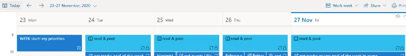 Týdenní kalendář v Outlooku s každodenním ranním blokem read and post od pondělí do pátku