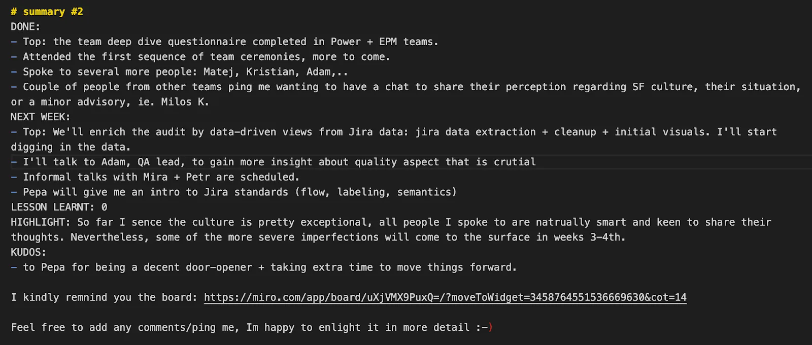 consultant weekly update example