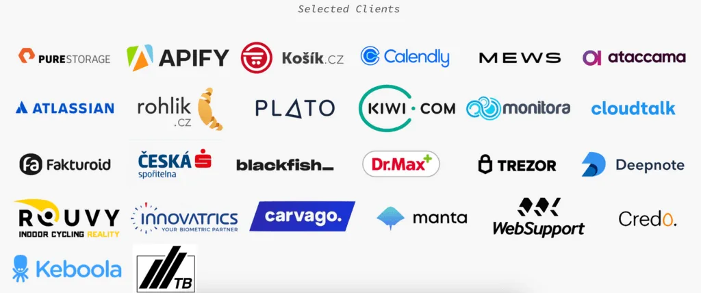 Selected clients logo wall: Pure Storage, Apify, Mews, Kiwi.com, Atlassian, Česká spořitelna and more