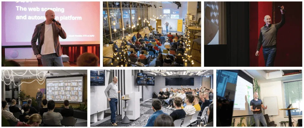 Six-photo collage of Marian Kamenistak speaking at meetups and conferences in front of full rooms
