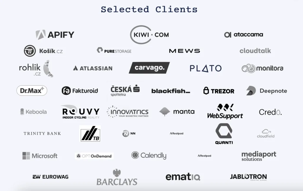 Grayscale wall of client logos: Microsoft, Barclays, Atlassian, Kiwi.com, Mews, Eurowag, Jablotron and more
