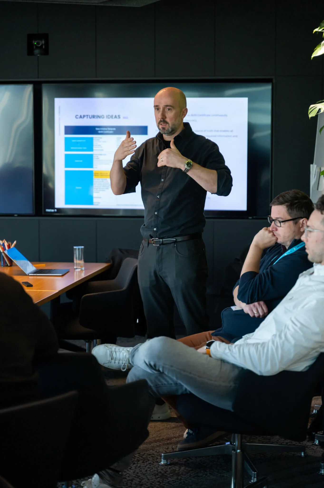 A speaker in a black shirt presenting a Capturing Ideas slide on new initiative requests to a small boardroom group