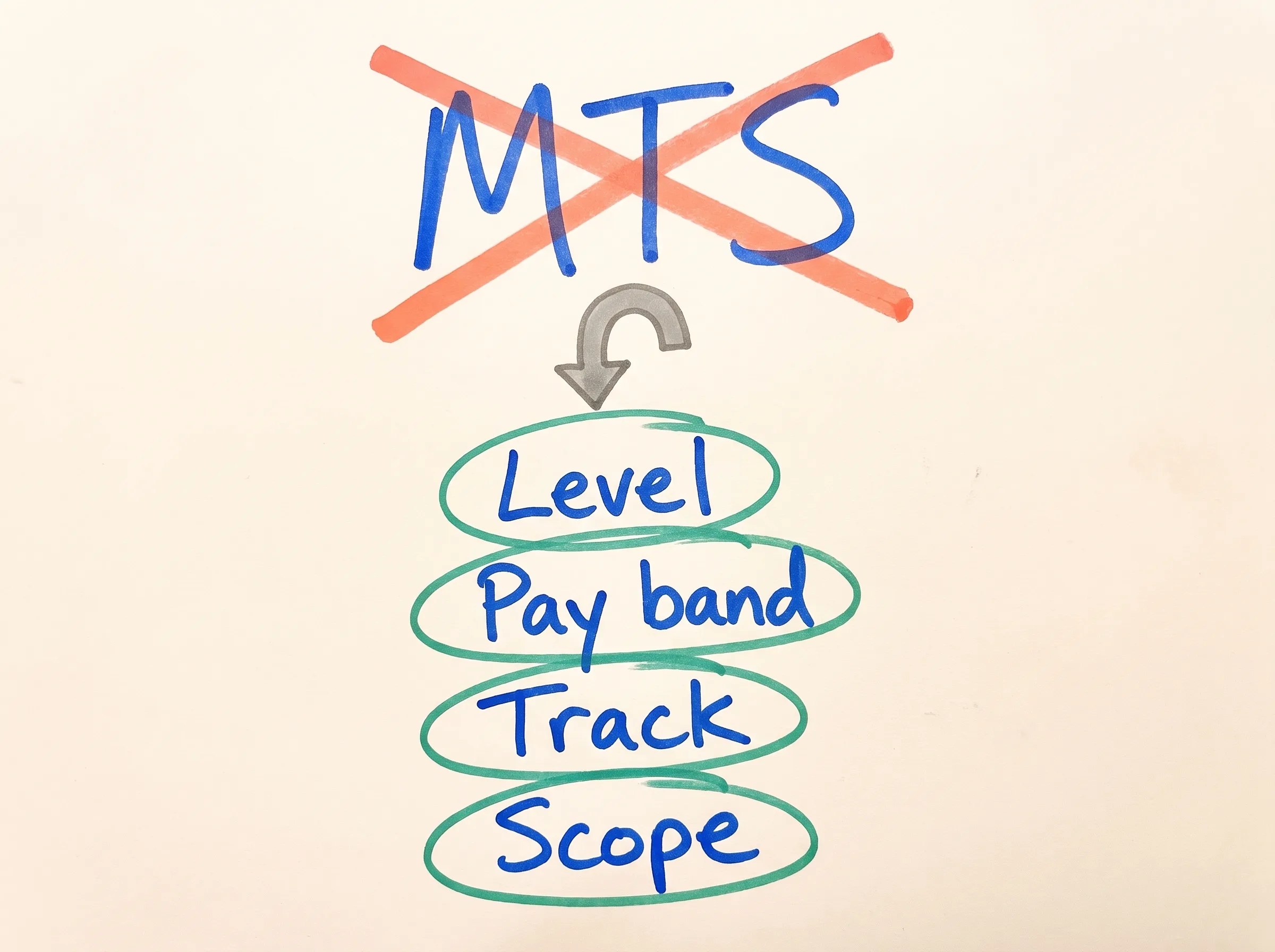 Hand-drawn diagram: the title MTS crossed out in red, with an arrow down to four circled items it leaves out, Level, Pay band, Track and Scope.