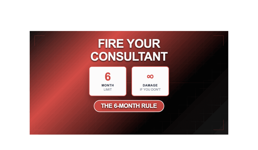 Bold graphic stating 'Fire Your Consultant' with 6-month limit and infinite damage metrics highlighted.